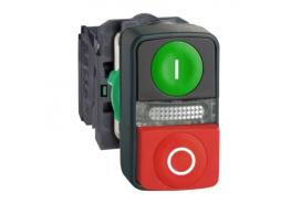 Светещ бутон с две глави пластмасов 22 мм 1зелен,равен I +1 сигнална лампа+1 червен издаден O,240 V AC/DC,1NO+1NC