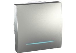 Ключ лихт бутон със синя глим лампа двумодулен 10A 250VAC Unica сребрист/алуминий