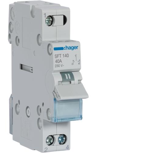 Трипозиционен ( I - 0 - II ) разединителен прекъсвач (УМ шалтер) SFT140 от HAGER. Номинален ток 40 A, работно напрежение до 230 V. За монтаж на DIN шина. main image