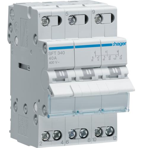 Трипозиционен ( I - 0 - II ) разединителен прекъсвач (УМ шалтер) SFT340 от HAGER. Номинален ток 40 A, работно напрежение до 400 V. За монтаж на DIN шина. main image