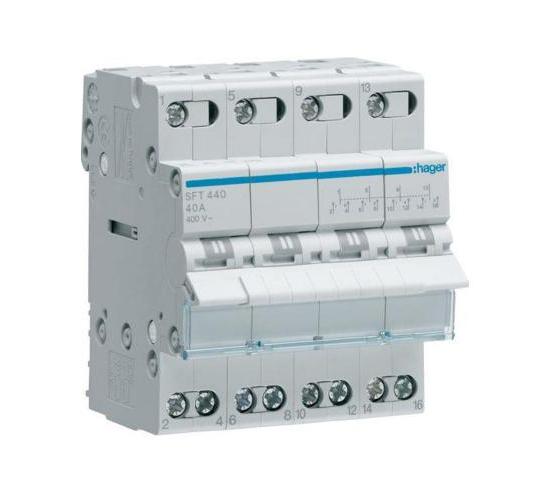 Трипозиционен ( I - 0 - II ) разединителен прекъсвач (УМ шалтер) SFT440 от HAGER. Номинален ток 40 A, работно напрежение до 400 V. За монтаж на DIN шина main image